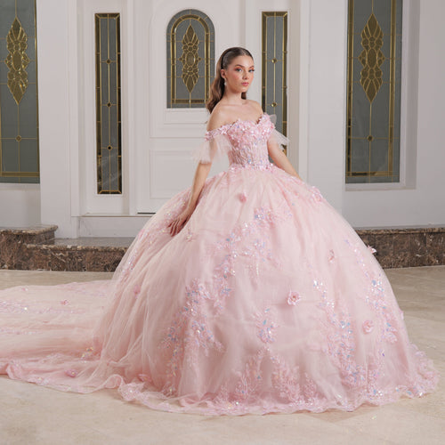 Vestido de quinceañera rosa straple con flores