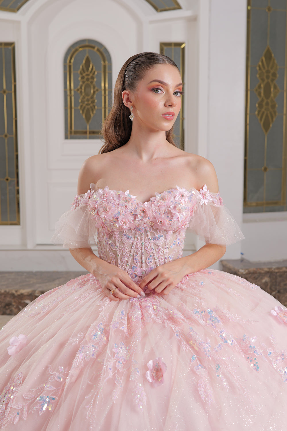 Vestido de quinceañera rosa straple con flores