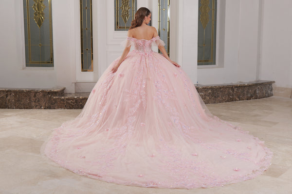 Vestido de quinceañera rosa straple con flores