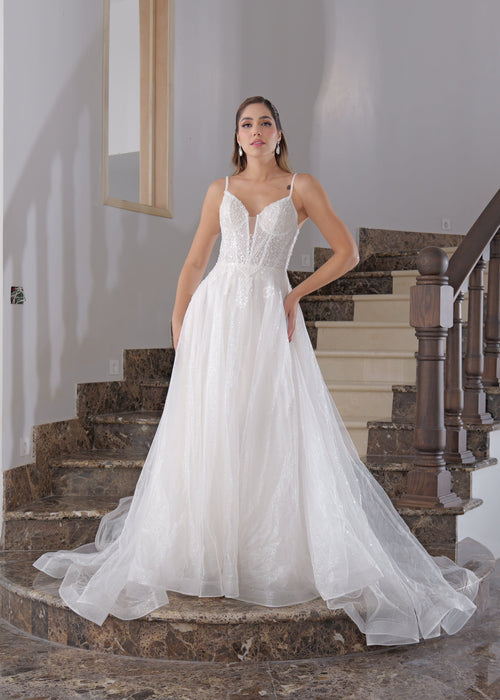 Vestido de novia corte A con lentejuelas