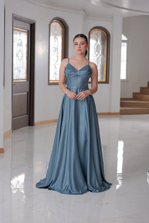 vestido azul/gris liso corte A