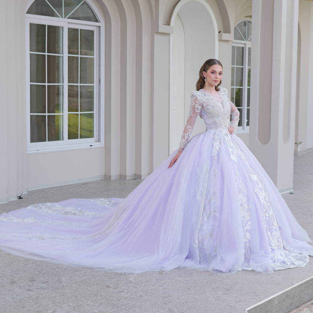 Vestido de quinceañera de manga larga con detalles de pedreria